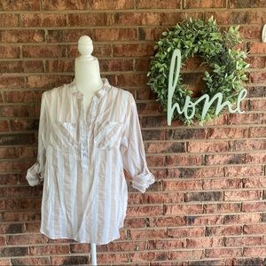✨5/$15 { EDEN & OLIVIA } Tan & White Sheer Striped Button Down Top